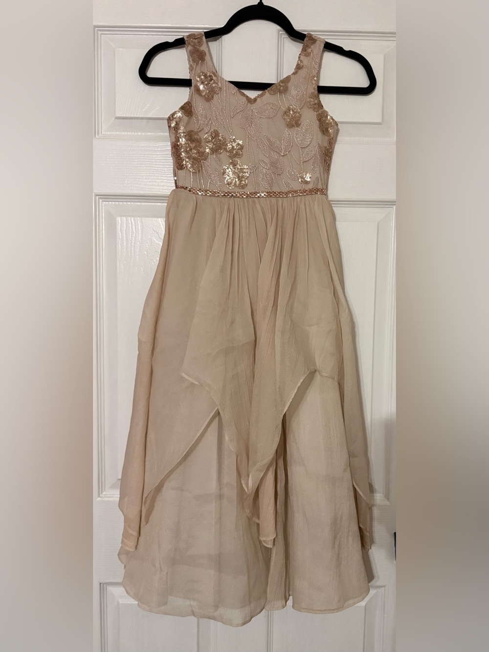 Rare Editions Champagne Sequin Floral Bodice Handkerchief Skirt Dress